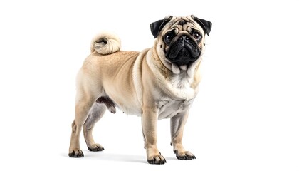 A fawn-colored, wrinkly-faced canine stands on a white background. It has a curled tail and a black mask. The dog appears alert and attentive