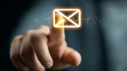 Close-up view of a person's hand pressing a glowing digital email icon. Focus is sharp on the finger and envelope, with subtle background elements