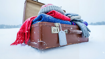 Packed suitcase with winter clothes on snow background in cold weather
