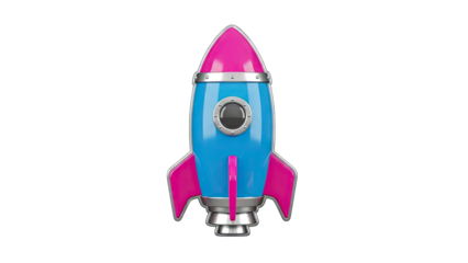 3D Blue and Pink Rocket Ship Illustration on transparent background