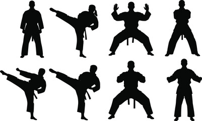 Martial arts silhouettes performing dynamic karate kicks, punches, and stances, black belt training poses, self-defense illustration for sports design © Nur Creations