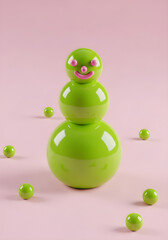 Playful green snowman figurine on pink background with decorative balls  