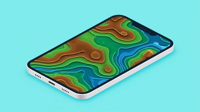 P209-Topography map on phone in isometric view vector illustration. 4K 10s