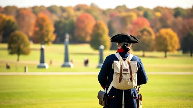 Colonial Soldier in Historical Reenactment | Autumn Landscape with Colorful Trees | Living History Event | Educational Experience