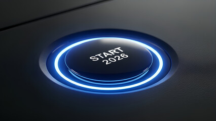 A futuristic glowing button labeled “START 2026,” illuminated with blue light on a dark surface, symbolizing a fresh beginning and new opportunities.

