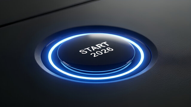 A futuristic glowing button labeled &ldquo;START 2026,&rdquo; illuminated with blue light on a dark surface, symbolizing a fresh beginning and new opportunities.
