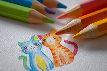 Two cute cats drawn by pencil or crayon, kids illustration for art education classes, selective focus