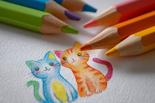 Two cute cats drawn by pencil or crayon, kids illustration for art education classes, selective focus