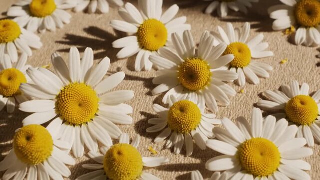 P204-Elegant aesthetic chamomile daisy flowers pattern with sunlight shadows on neutral beige background 4K 10s