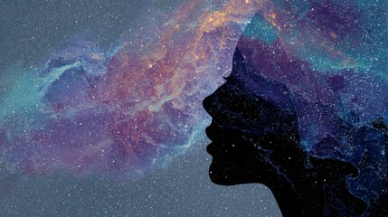 A silhouette of a profile of a woman with a cosmic nebula replacing her hair, representing thought