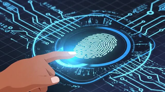 P203-Fingerprint scan for identity in technology . Biometric finger id isometric vector. Icon finger 4K 10s