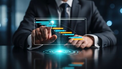 Businessman interacting with futuristic digital interface in modern office