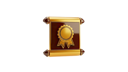 Golden medal on a scroll icon on transparent background