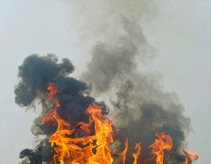 A fiery inferno, billowing smoke against a pale background