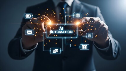 Businessman interacting with AI automation interface in modern workspace