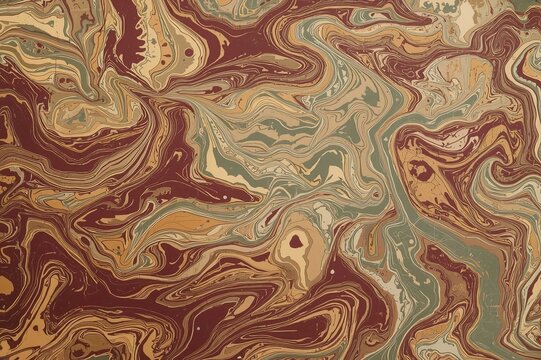 Abstract marbled paper texture background in deep red, gold, and sage green swirls