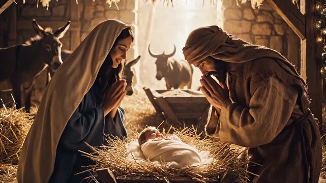 P199-Mary and joseph admiring their son in a christmas nativity scene depicting the birth of jesus 4K 10s