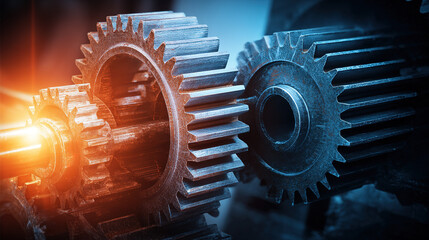 An abstract composition of interlocking metallic gears representing business efficiency.
