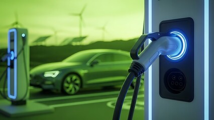 Close-up of an electric vehicle charging connector plugged into a modern charging station powered by renewable energy