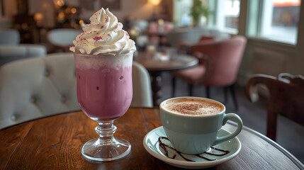 Pink milk shake and cocoa on table in cafe

