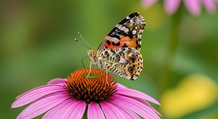 Fototapeta premium Painted Lady Butterfly Sipping Nectar from a Pink Coneflower.