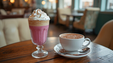 Pink milk shake and cocoa on table in cafe
