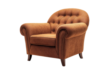 Luxury armchair in vintage style with warm terracotta upholstery and dark wooden legs on white background for interior design isolated on transparent background
