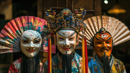 A stunning shot featuring three intricately designed cultural masks, each displaying unique expressions and elaborate details AI Generative