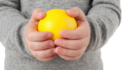 Preschool girl focusing intently on holding a bright yellow ball against a transparent background, perfect for educational materials or playful creative projects