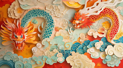 Two majestic dragons are depicted in a vibrant artwork, with one in red and the other in blue, amidst swirling clouds. The image is full of energy and symbolic meaning AI Generative