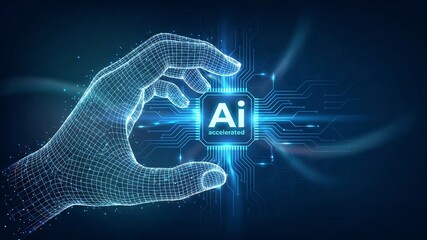 AI chip with the inscription AI Accelerated. Hand pressing on a CPU microchip. Concept of artificial intelligence technology. AI accelerated processor chip. Machine learning. ai