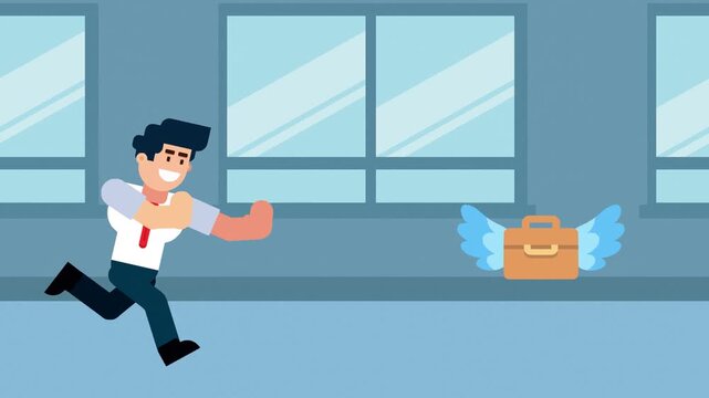 A cartoon illustration of a businessman running after a flying briefcase with wings, symbolizing the pursuit of career opportunities, business success, or professional goals.


