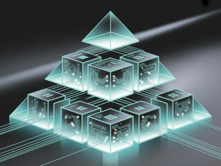 Glowing pyramid structure composed of cube shaped blocks in a futuristic setting