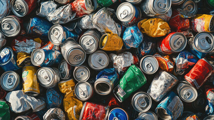 Crushed aluminium cans creating a texture of colors on top of each other, ready to be recycled. AI Generative