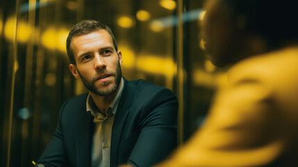 Fototapeta premium A thoughtful business meeting in a contemporary setting, capturing focus and the art of conversation.