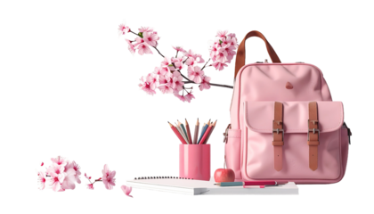 Cherry Blossom and School Supplies Isolated on Transparent Background