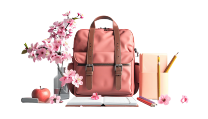 Cherry Blossom and School Supplies Isolated on Transparent Background