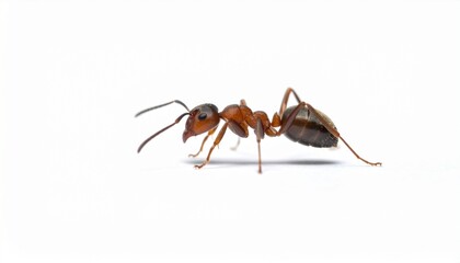 &ldquo;Close-up ant with segmented body reddish-brown head antennae mandibles darker abdomen six jointed legs on white background&rdquo;