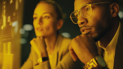 Two professionals engrossed in a focused discussion, illuminated by the glow of a modern setting, contemplating innovative solutions.