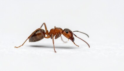 &ldquo;Close-up ant with segmented body reddish-brown head antennae mandibles darker abdomen six jointed legs on white background&rdquo;