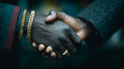 A powerful handshake seals a deal, symbolizing agreement, partnership, and trust in a professional setting, an embodiment of unity.