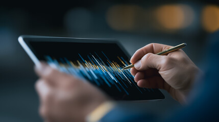 A modern professional analyses digital data trends on a tablet, symbolizing technological innovation and data analysis. 