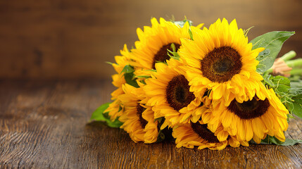 Sunflower bouquet bathed in golden morning light on a rustic wooden surface, radiating natural vibrancy.
