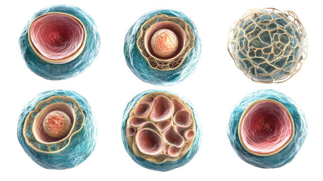 Cell mitosis illustrating the division of one cell into two identical daughter cells, crucial for growth and repair in organisms, set against a transparent background
