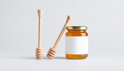 &ldquo;Jar of golden honey with white lid and label beside wooden honey dipper on plain background minimal food design&rdquo;