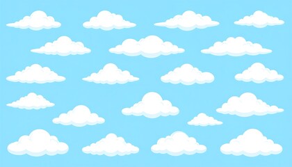 A flat illustration of a blue sky filled with a variety of fluffy, white cartoon clouds
