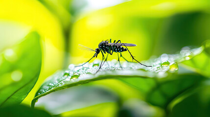 A mosquito perched delicately on a green leaf covered in droplets of water. The insect's slender legs and intricate wings are visible against a soft, blurred backdrop of foliage AI Generative