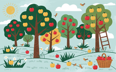 Vector applique of apple trees in the garden, hand drawn paper cut style orchard with ripe red fruits, flat fabric collage illustration of fruit trees isolated on white background.