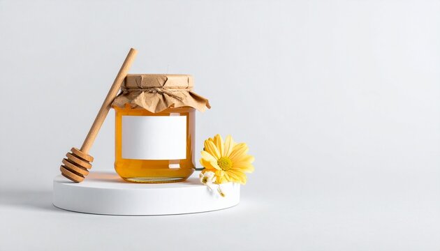 &ldquo;Jar of golden honey with white lid and label beside wooden honey dipper on plain background minimal food design&rdquo;
