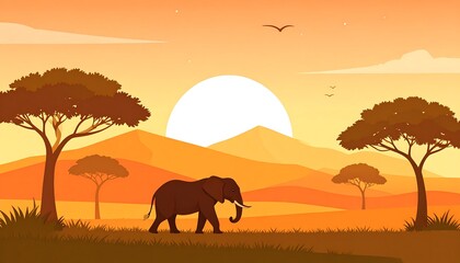A flat illustration of an African savanna scene at sunset, featuring an elephant, trees, mountains, and birds